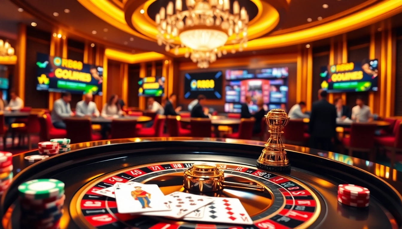 Players enjoy a thrilling game at RR88 casino with vibrant roulette, poker chips, and warm ambiance.