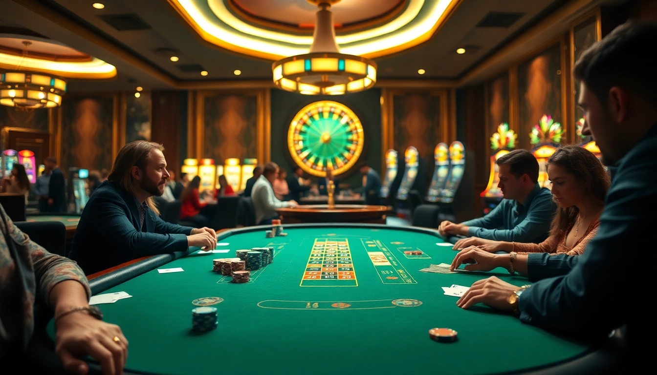 Players strategize at a poker table amidst a vibrant casino scene, inspired by okkingok.net.