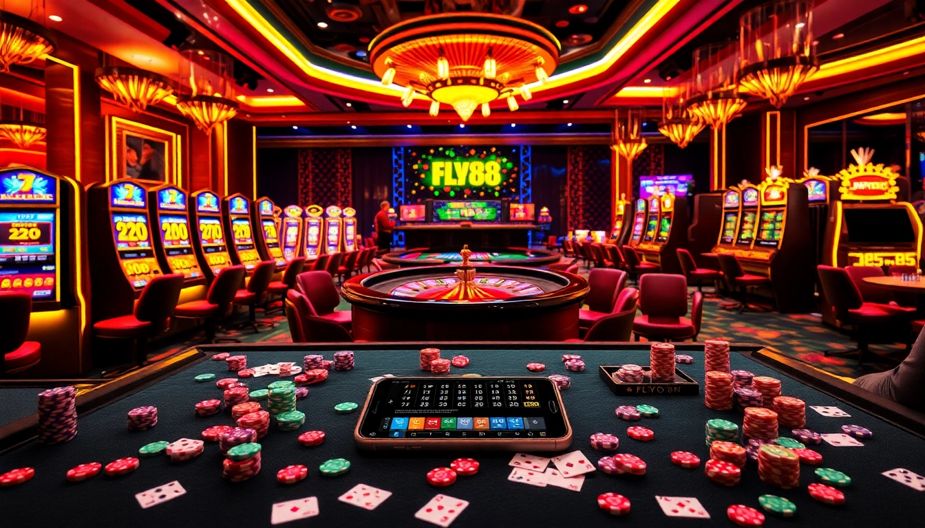 Experience the thrilling atmosphere at FLY88 casino with vibrant gaming tables and exciting slots.