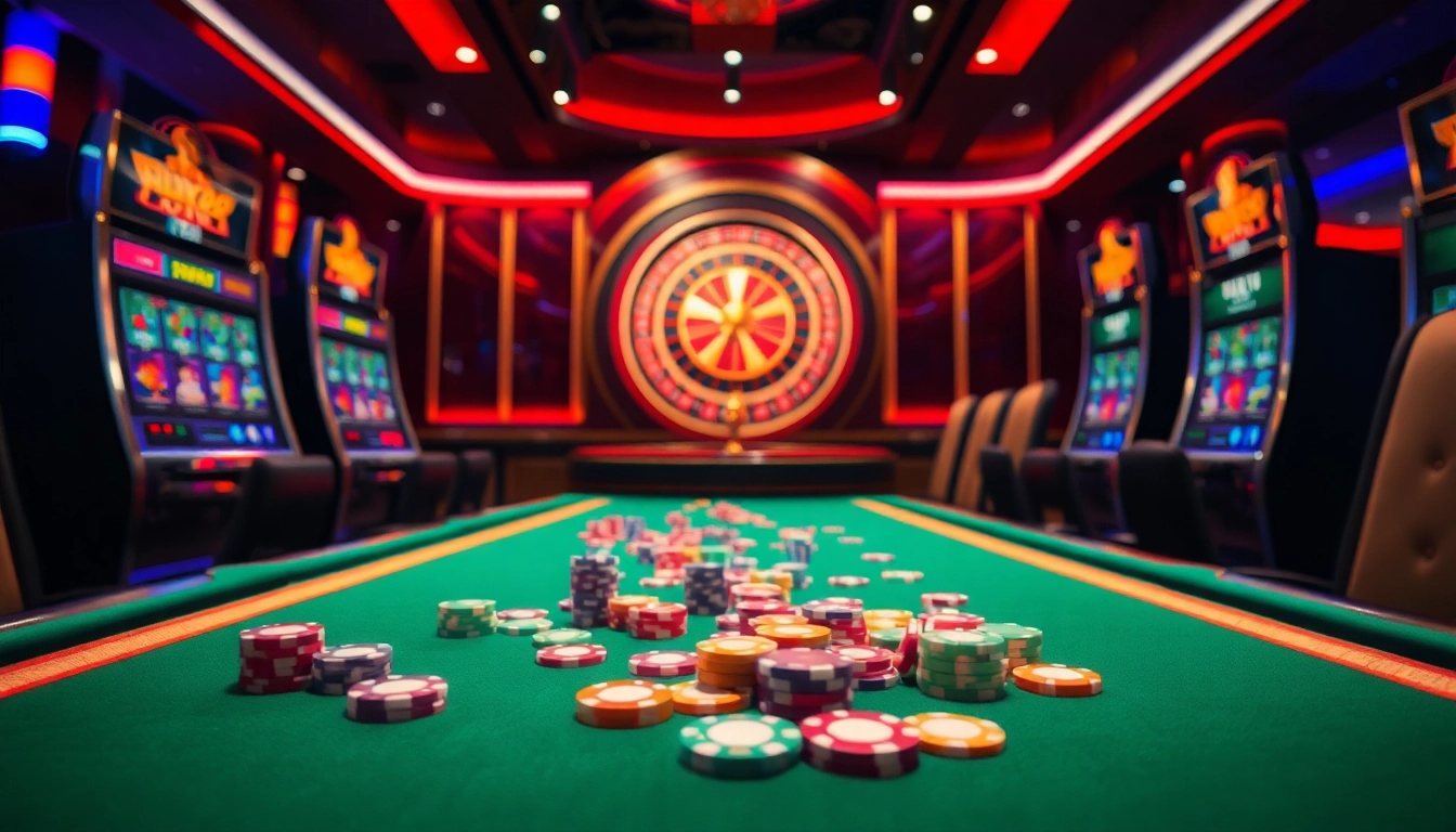 FLY88 players enjoying an exciting casino atmosphere with vibrant poker chips and slot machines.