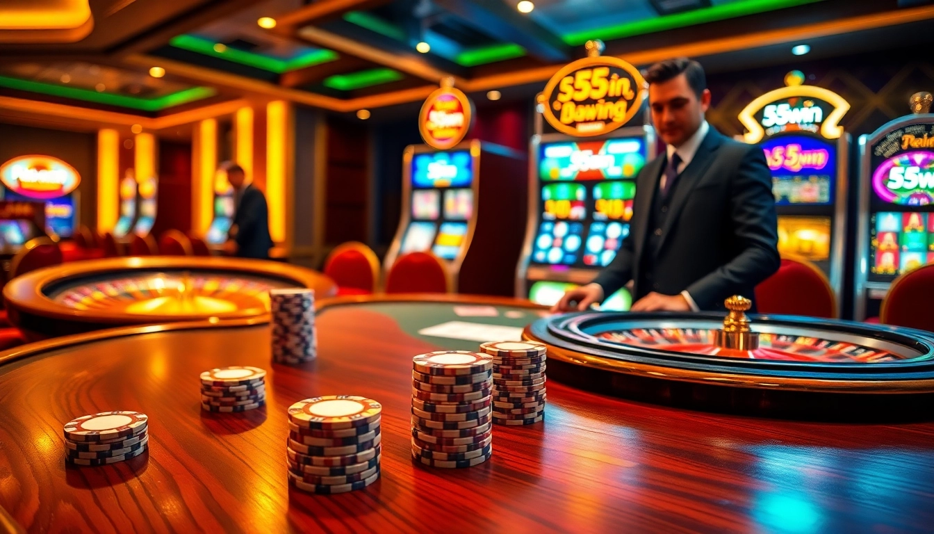 Experience the thrill of 55win at a luxurious casino with vibrant slot machines and professional dealers.