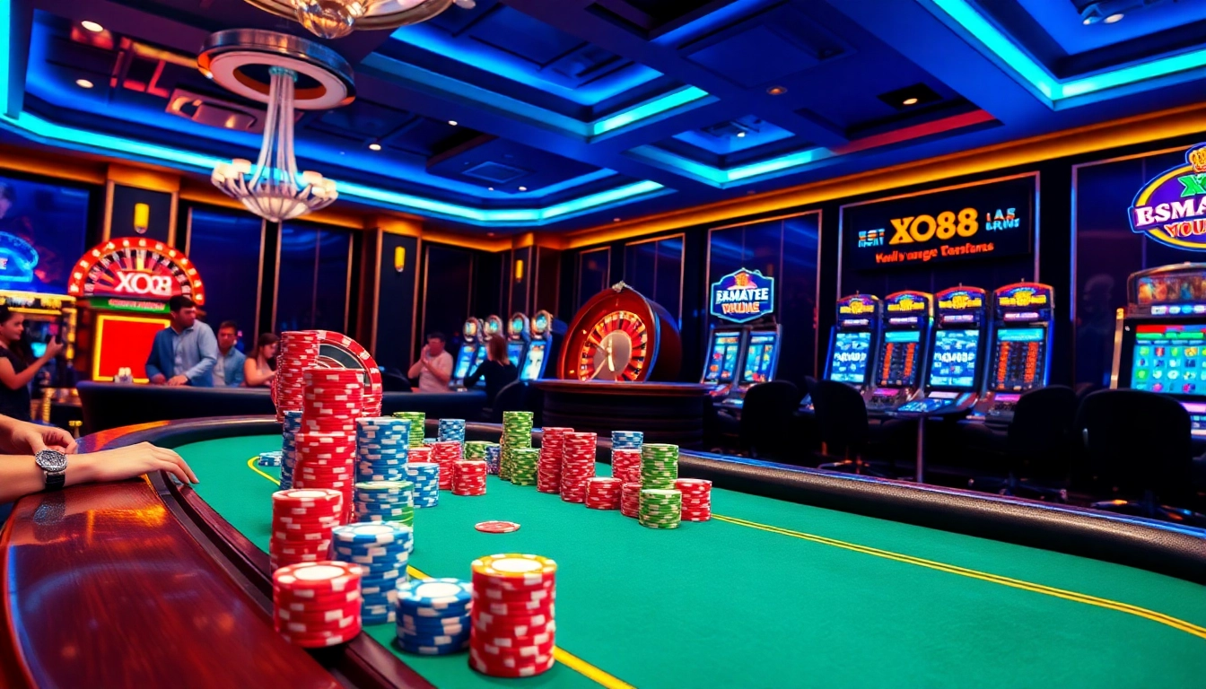 Engage with xo88's exhilarating casino experience featuring vibrant poker tables and spinning roulette wheels.