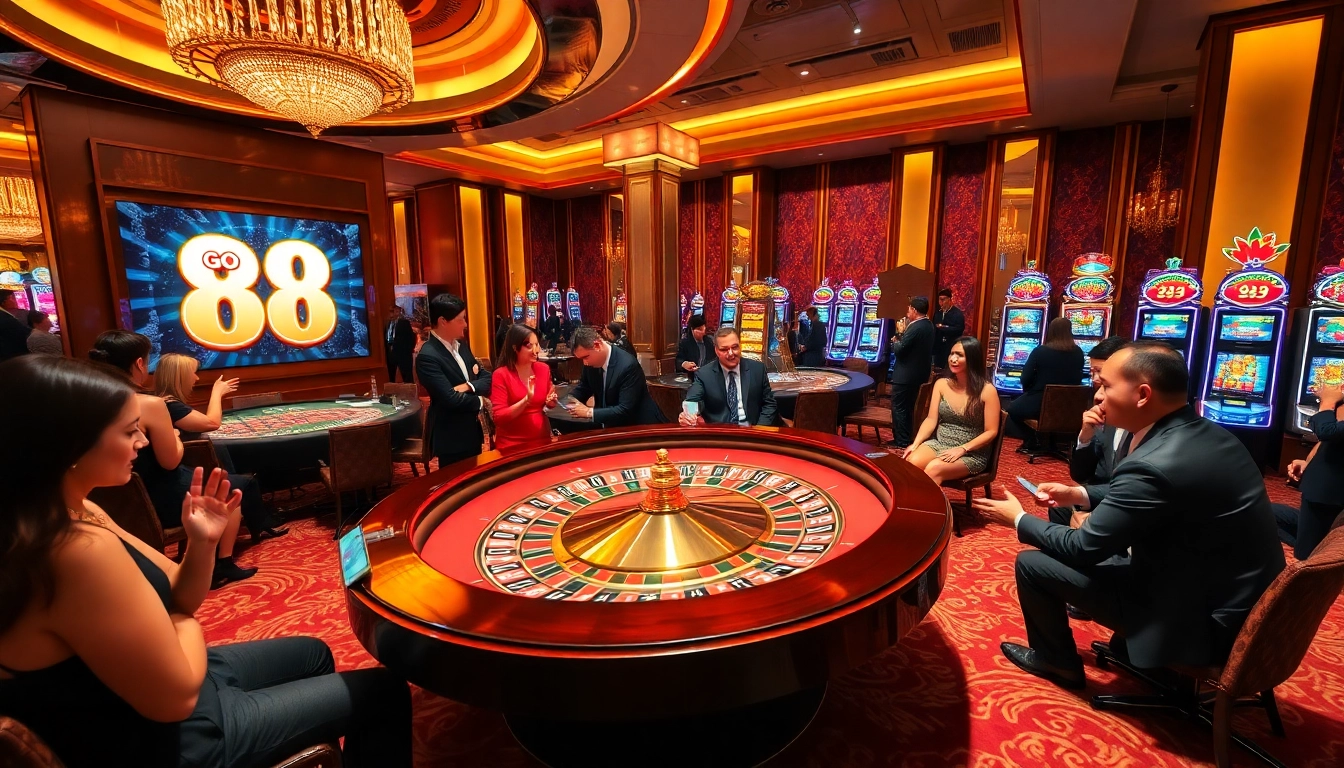 Players enjoying thrilling games at Go 88 casino, surrounded by vibrant betting slips and colorful chips.