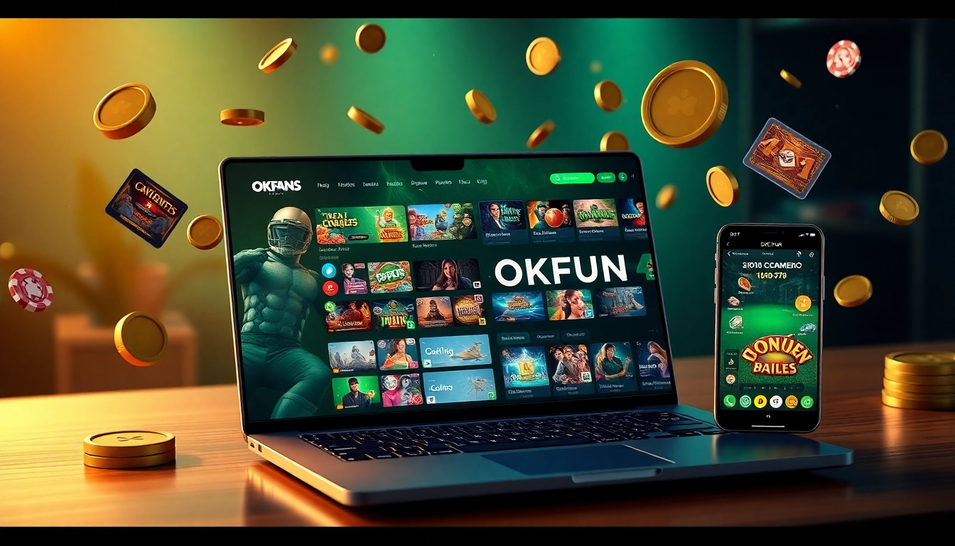Dynamic digital gambling scene for Nhà cái OKFUN showcasing online games and user-friendly interface.