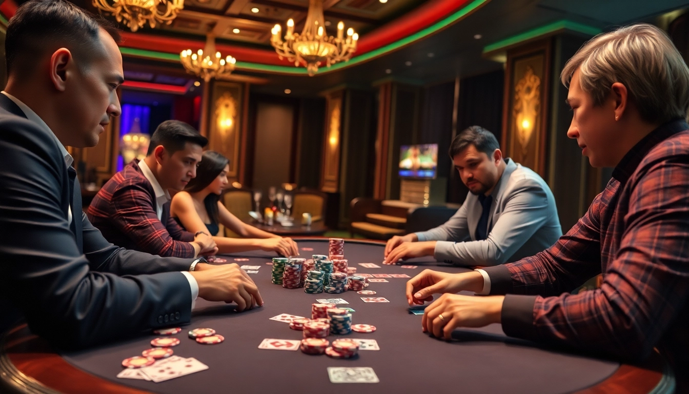 Players enjoying poker at a luxury casino table, showcasing 123win vn excitement and strategy.