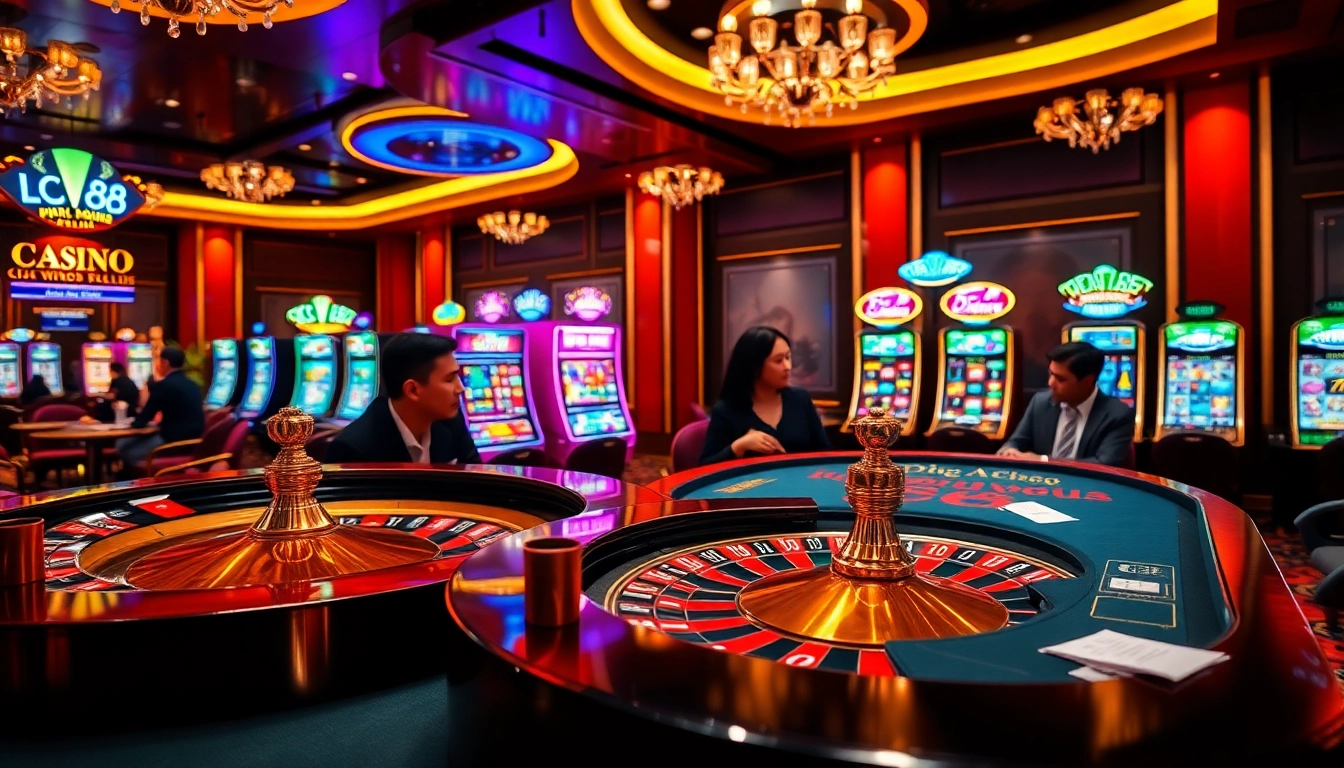 Engaged players at Nhà cái LC88's vibrant casino with poker chips and roulette.