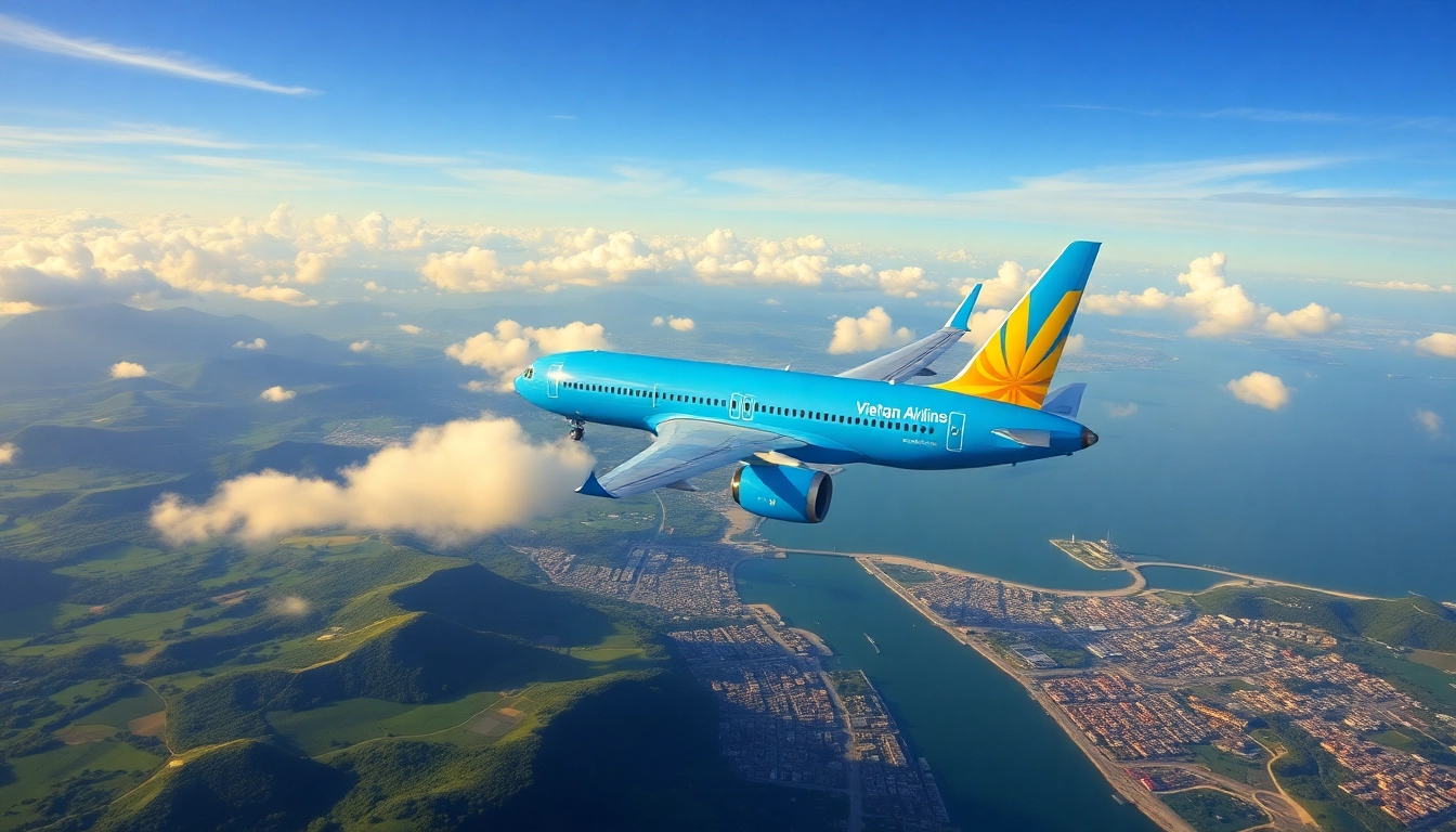 Vietnam Airlines flight VN168 soaring over Da Nang, showcasing vibrant landscapes.
