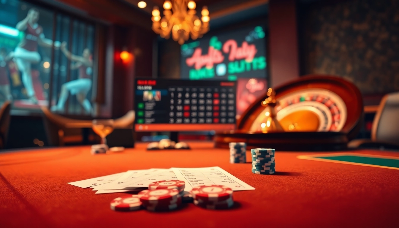 Engage with tỷ lệ bóng đá đêm nay in an elegant casino setting featuring vibrant betting elements.