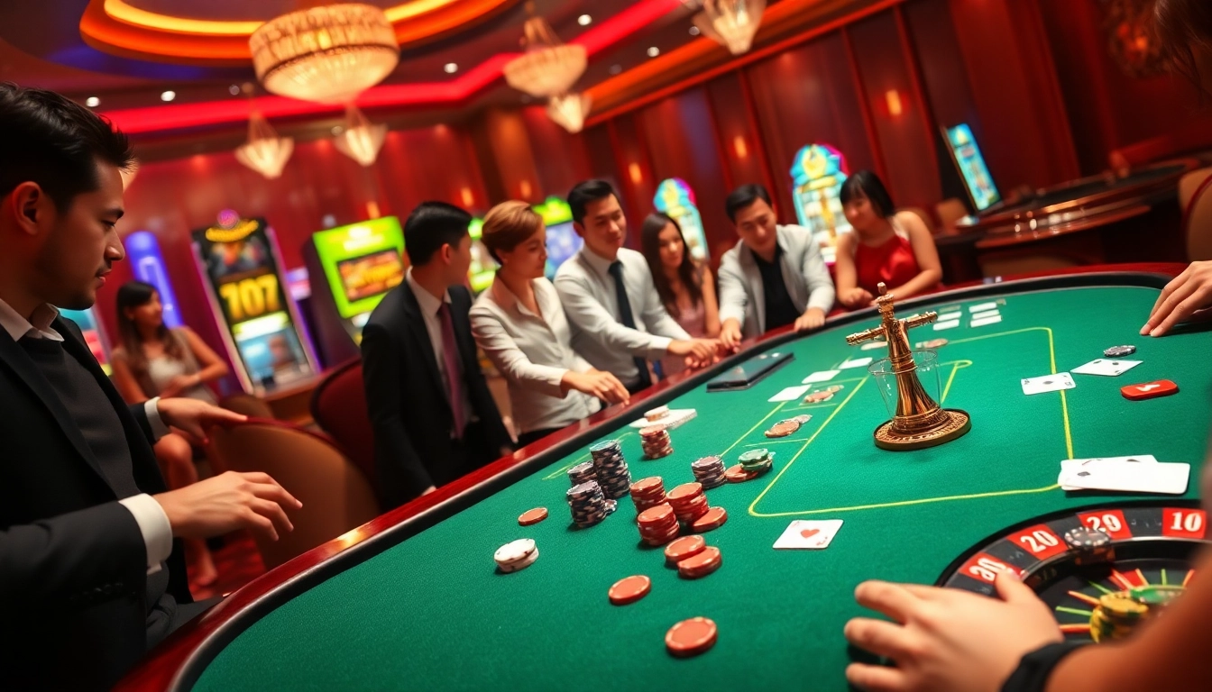 Gamblers enjoying an exciting poker game at a luxury casino, featuring gamebaidoithuong elements.
