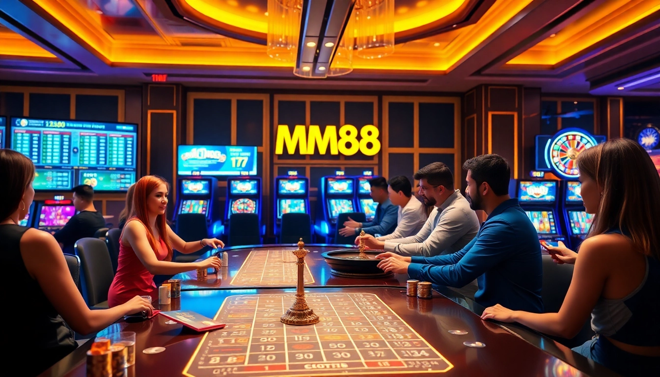 MM88 online casino scene showcasing vibrant slot machines and live betting tables