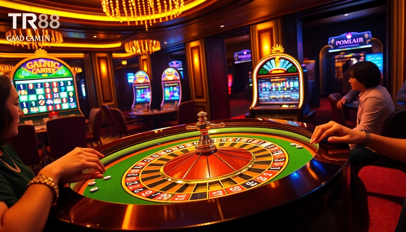 Experience thrilling gameplay at TR88 with vibrant casino tables and spinning slot machines.