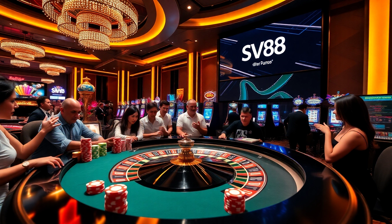 SV88 branding lights up an engaging casino scene with poker chips, roulette, and slot machines.
