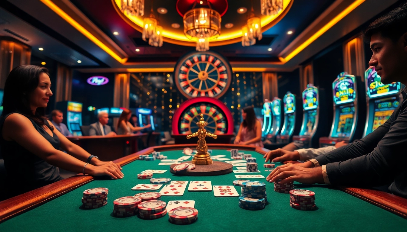 Experience high-stakes gaming action at fly88r.net's luxurious casino scene filled with poker and roulette.