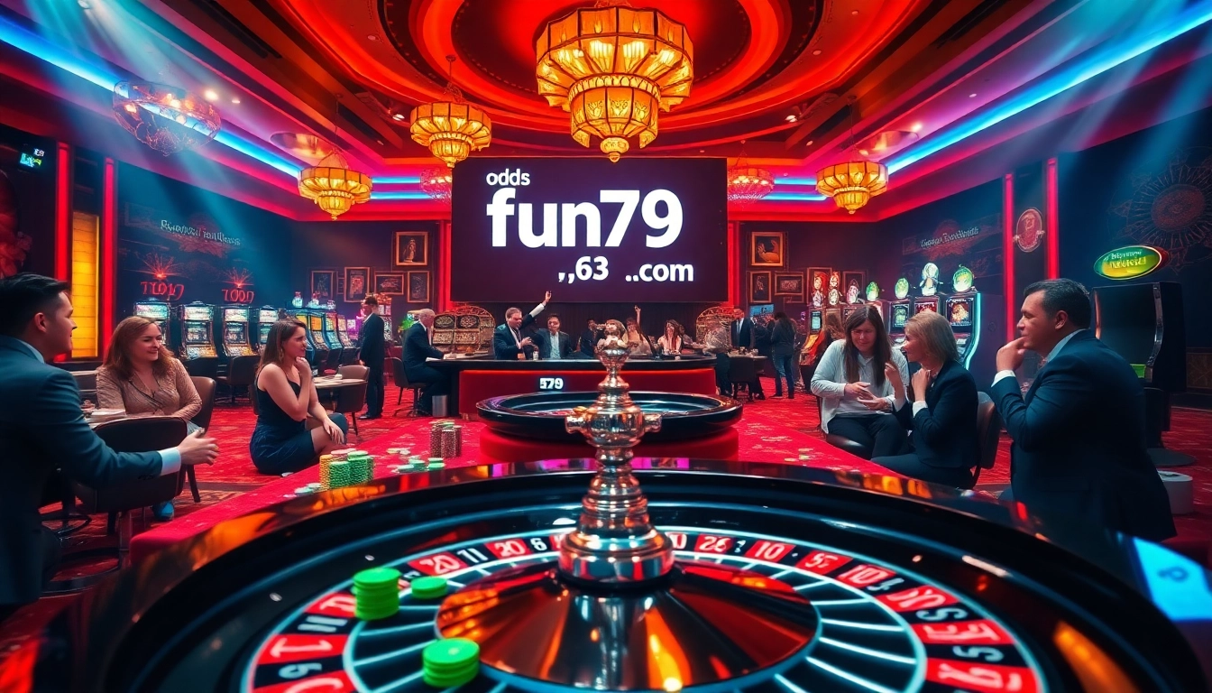 Experience the thrill at fun79.com with a captivating casino scene featuring a roulette table and vibrant gambling elements.