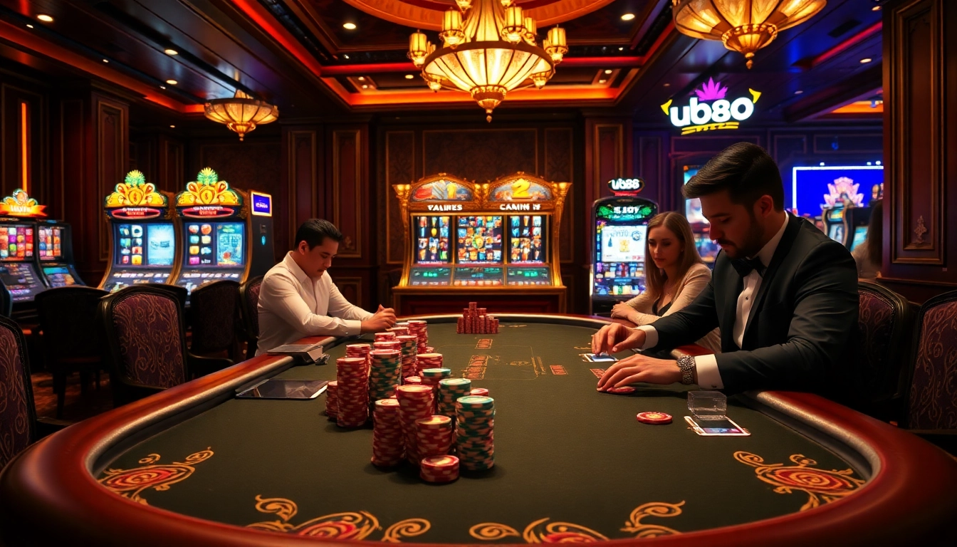 Experience the thrill of high-stakes poker at u888 with vibrant chips and luxurious casino decor.