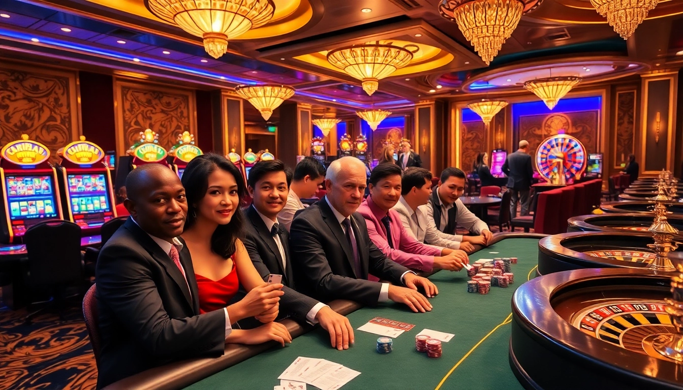 Experience the thrill of winning at Luckywin casino with poker tables and vibrant slot machines.