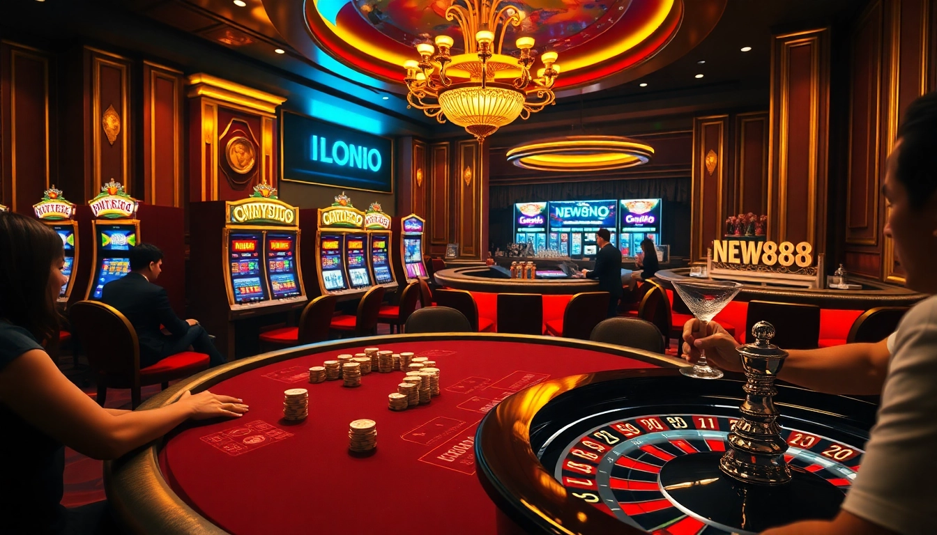 Experience high-stakes excitement at New888 casino with luxurious tables and vibrant gaming atmosphere.