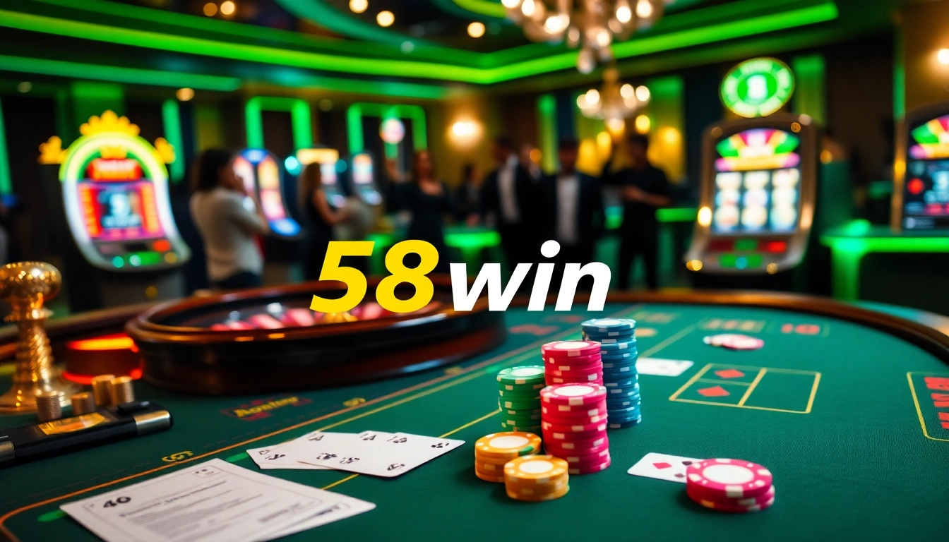 A vibrant casino scene with poker chips and playing cards representing 58win com's gaming excitement.