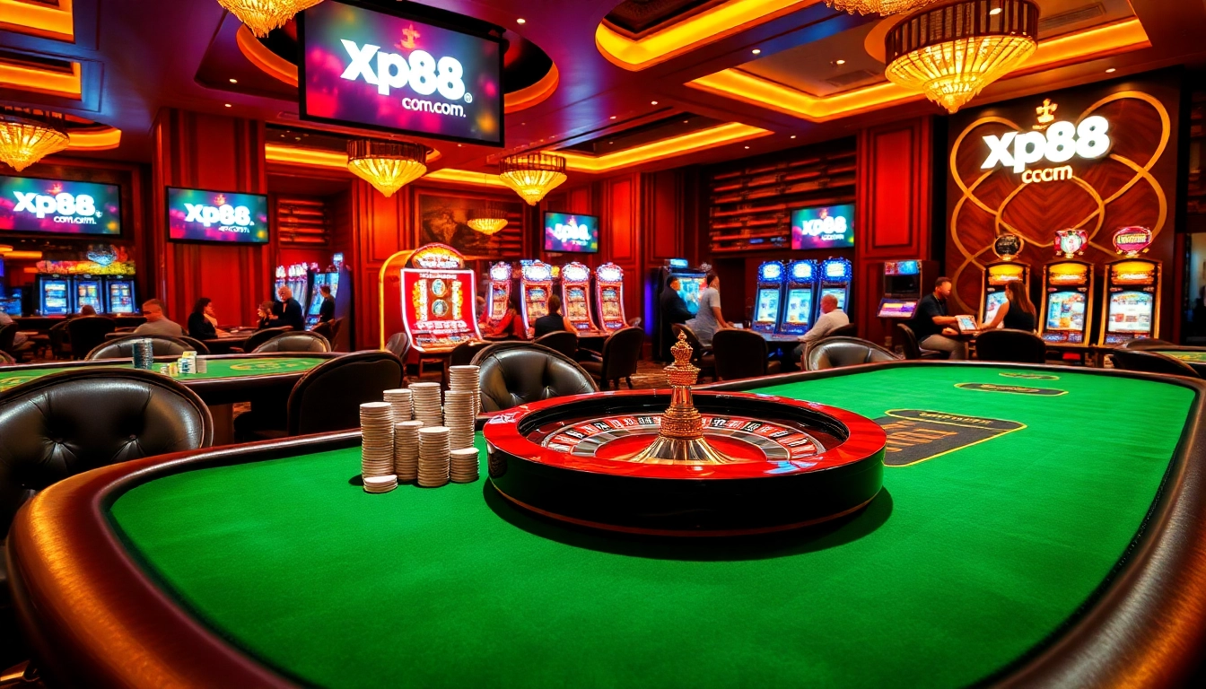 A luxurious casino table scene at Kp88.com, showcasing vibrant chips, roulette wheels, and engaged players.