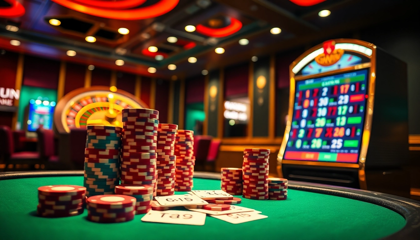 High-stakes poker action with sunwin branding amidst a vibrant casino atmosphere.