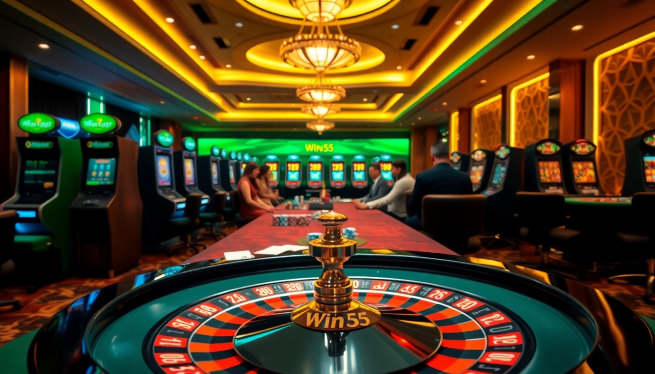 Experience the excitement of gambling with Win55 at a vibrant casino table featuring poker chips and cards.