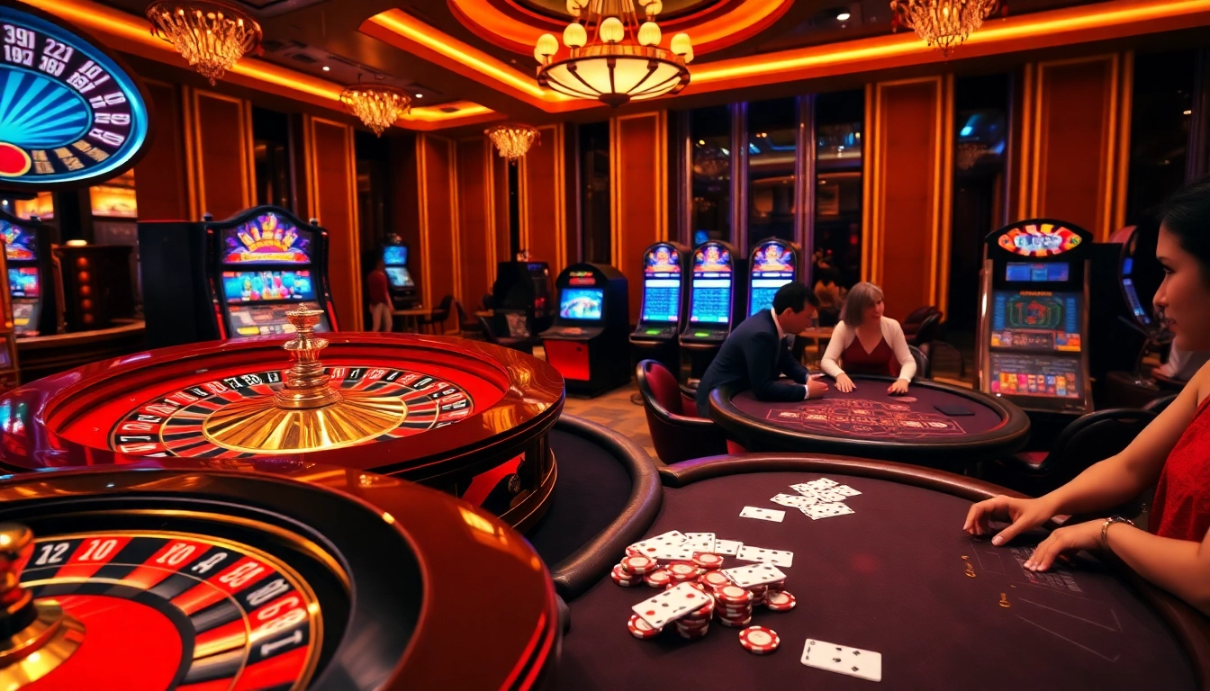 An engaging casino scene showcasing players at dn88.com enjoying roulette, poker, and slot machines for an exciting gambling experience.