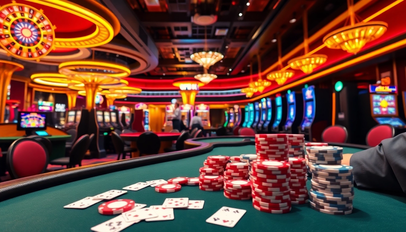 Exciting casino floor scene from https://nk88uk.com/ with roulette, blackjack tables, and vibrant slot machines.