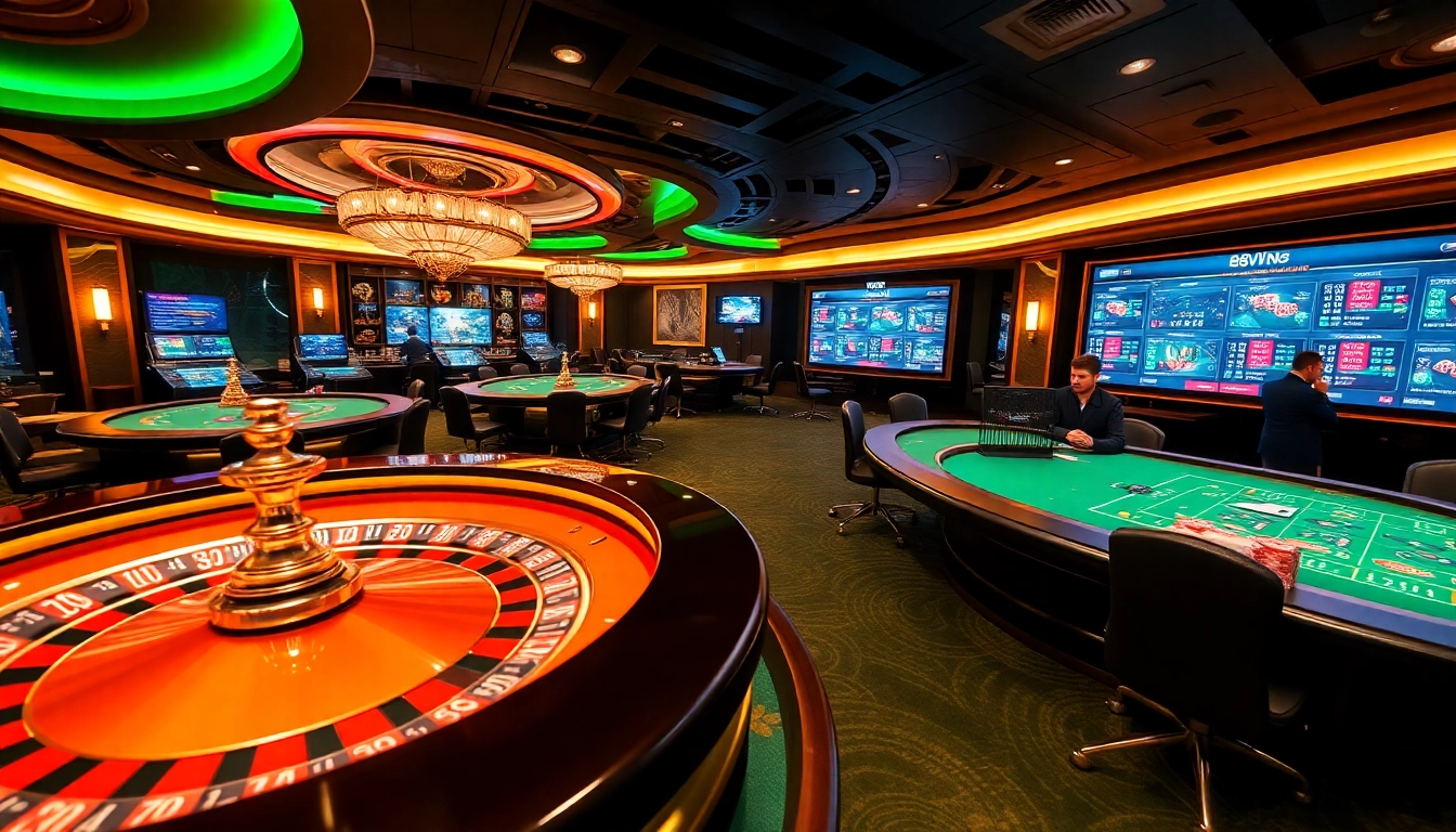 Engaging scene at https://88vv.com.de/ showcasing a luxurious online casino experience with roulette wheels and poker chips.
