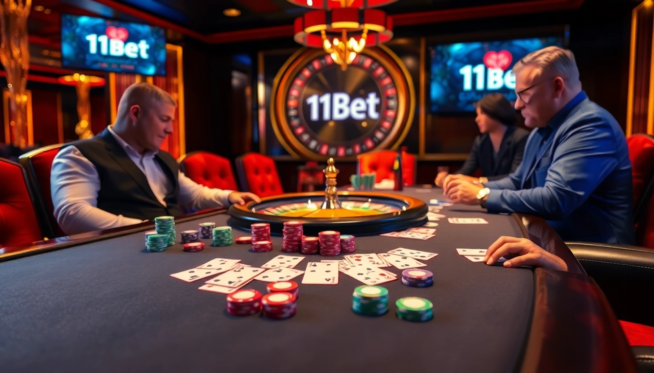 High-stakes poker action at 11BET captures excitement with colorful chips and playing cards.
