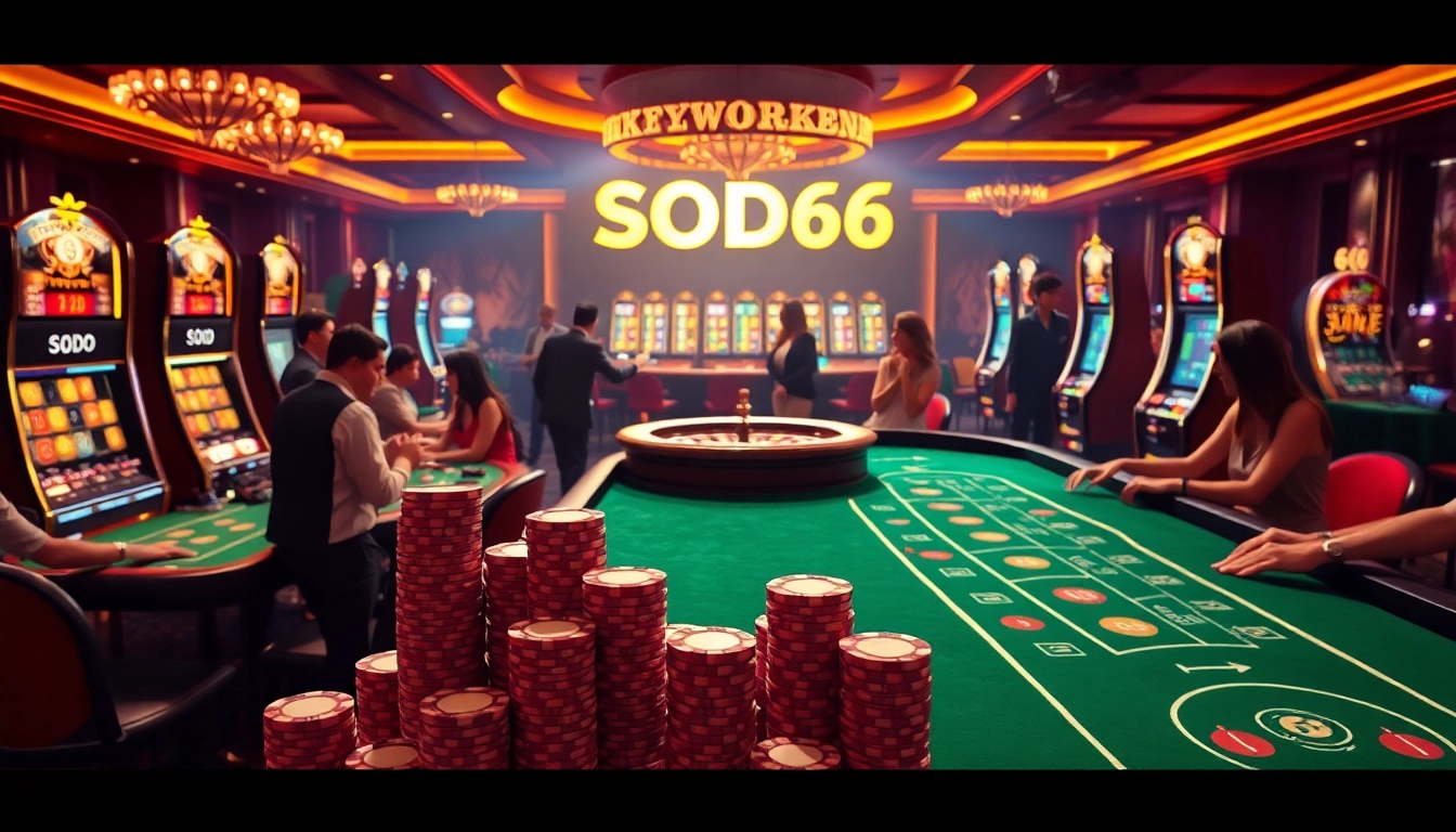 SODO66 casino scene showcasing players at tables, winning poker chips, and vibrant slot machines.