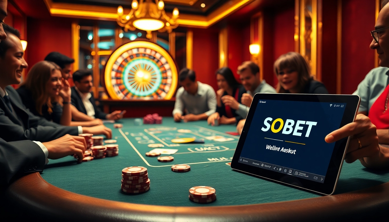 Excited players at a high-stakes SOIBET poker table showcasing chips and cards in a luxurious casino.