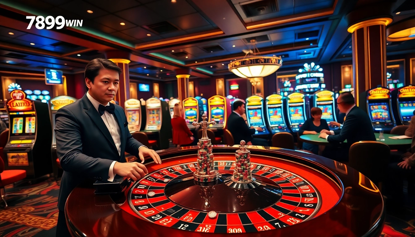 A lively casino scene featuring 789win branding, roulette, and poker players highlighting excitement and luxury.