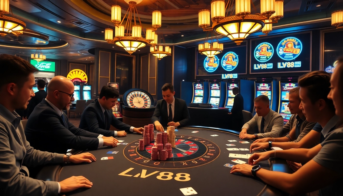 Players enjoying a thrilling game at the LV88 casino table surrounded by excitement and poker chips.