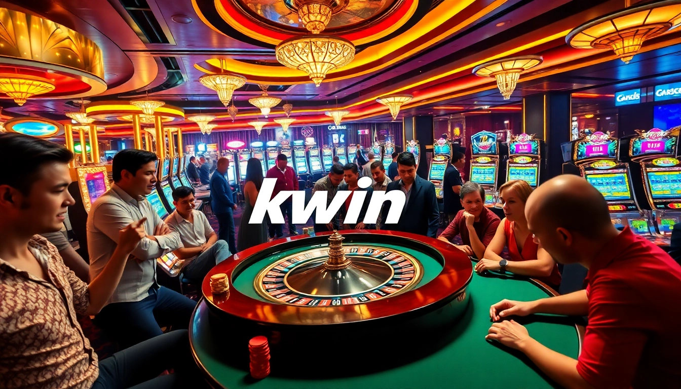 Kwin casino experience with excited players at a vibrant roulette table.