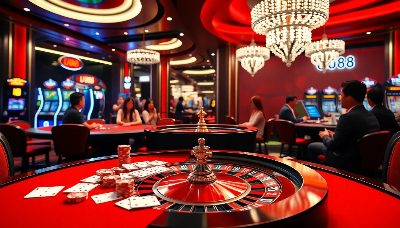 UU88 casino scene featuring vibrant gaming tables and engaged players enjoying the thrilling atmosphere