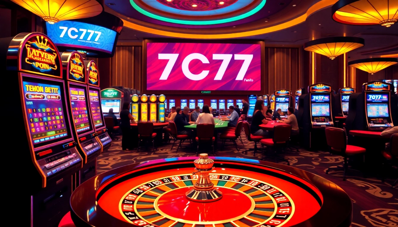 Experience the luxury of 7C77 online gaming with vibrant slot machines and an engaging roulette table.