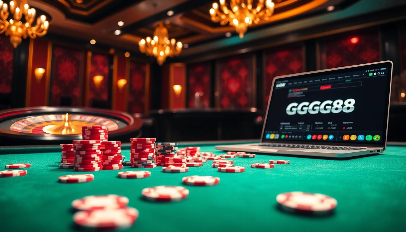 Experience the thrill of online gambling with vibrant casino elements on https://gg88.biz/ showcasing poker chips and roulette wheels.