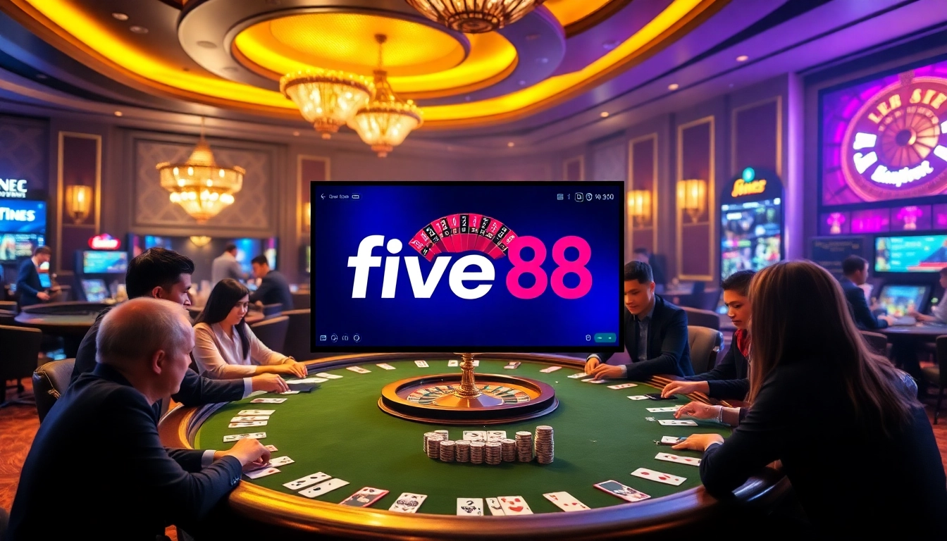 five88 poker players strategizing at an elegant casino table with chips and cards