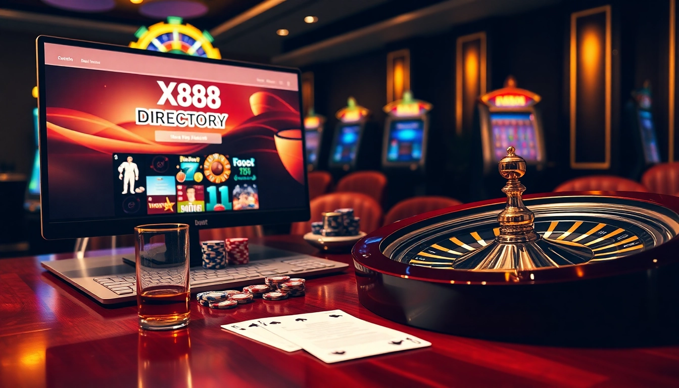 Engaging gambling scene featuring XX88 DIRECTORY with dynamic tables, chips, and a roulette wheel.