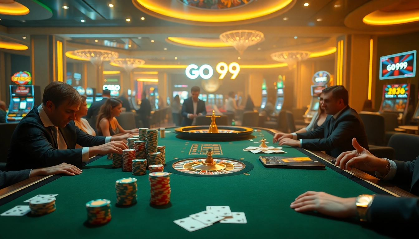 Engage in thrilling casino action with go 99 offerings at a luxurious gambling table, featuring poker chips and roulette wheel.