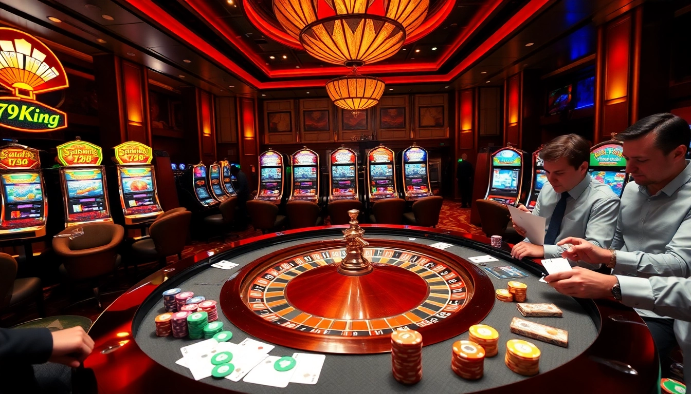 Players engaging at the roulette table and slot machines in a vibrant 79King casino.