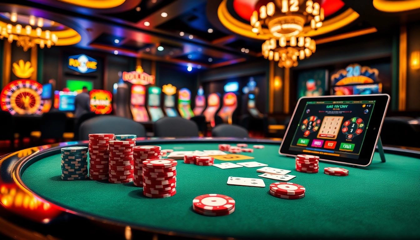 Experience the excitement of gamebaidoithuong with vibrant poker chips and an elegant casino setting.