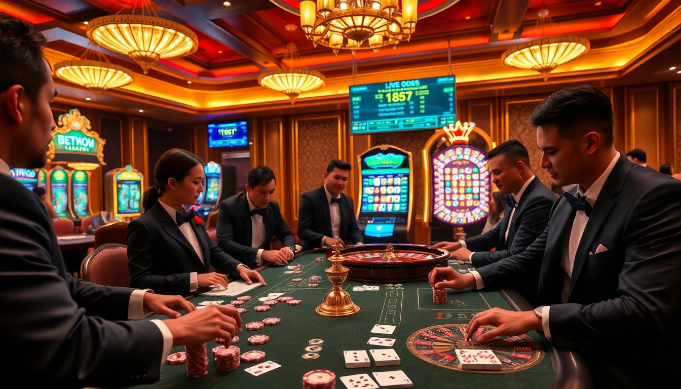 Experience vibrant gambling excitement at https://rr88.bar/ with elegant players at a luxurious casino table.