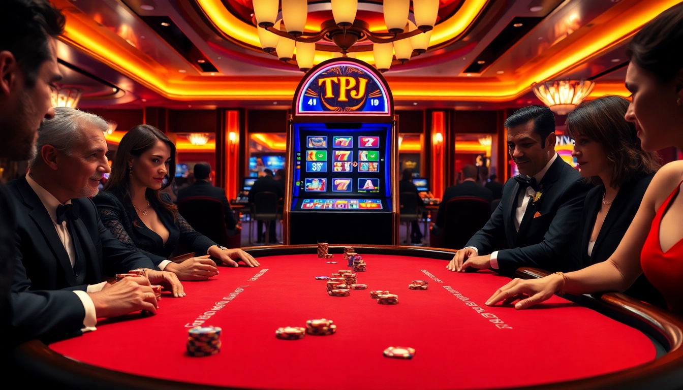 Players engaging in a high-stakes poker game at a luxurious casino featuring TPJ elements.