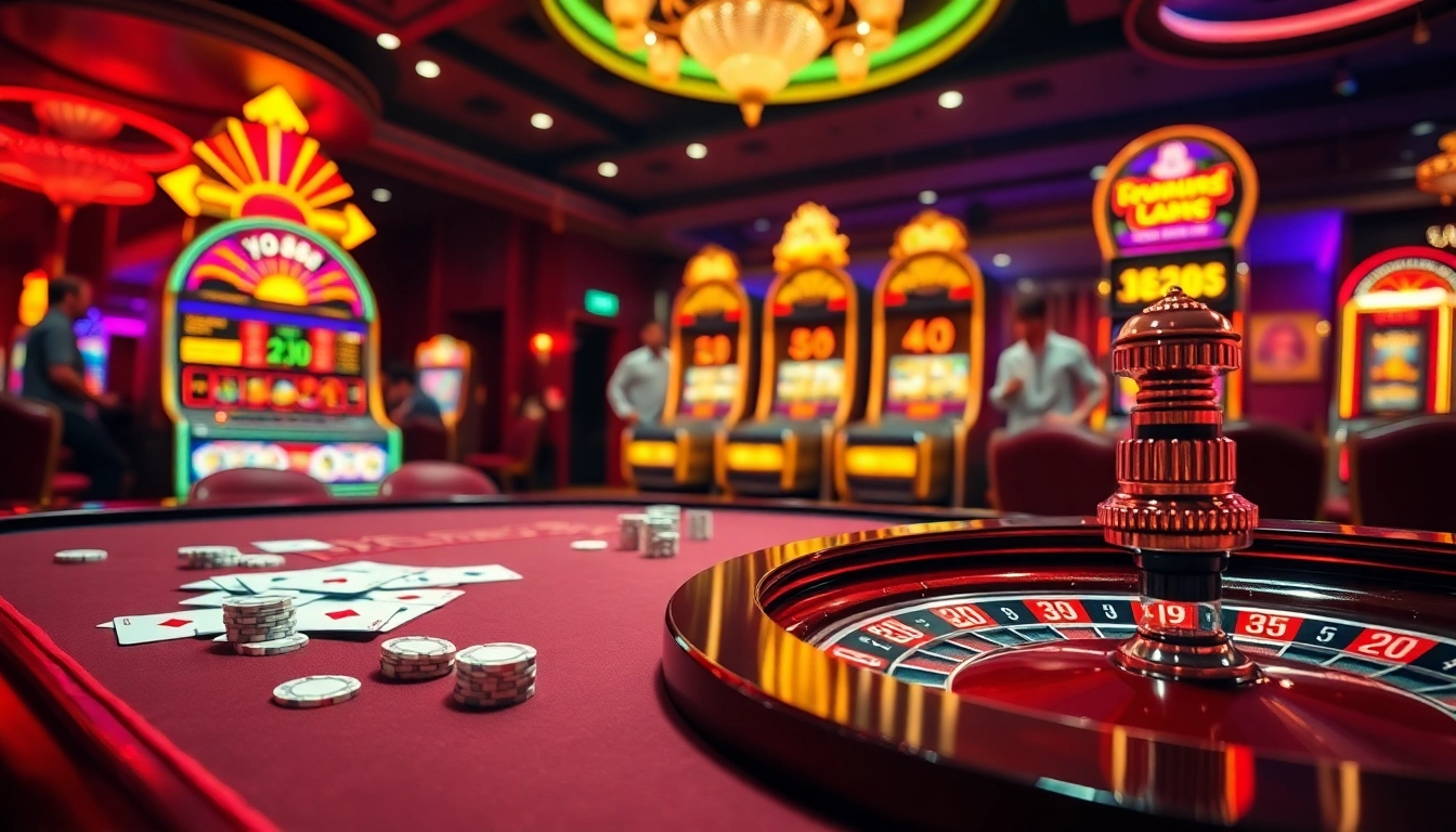 Engaging gamblers play cards and spin roulette at a luxurious casino featuring yo88 elements.