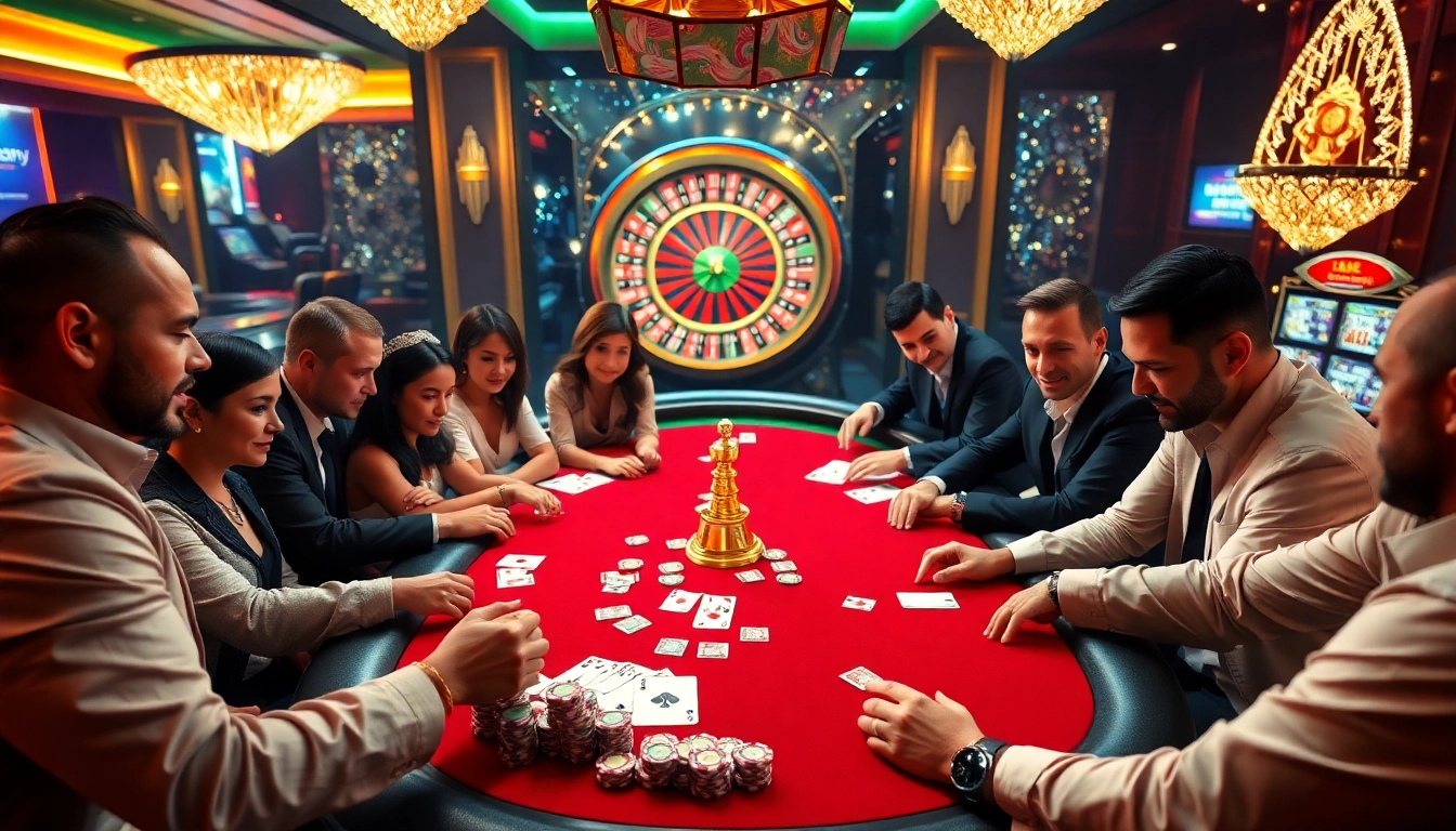 Experience a thrilling poker game at the luxurious hm88 casino, featuring vibrant chips and eager players.