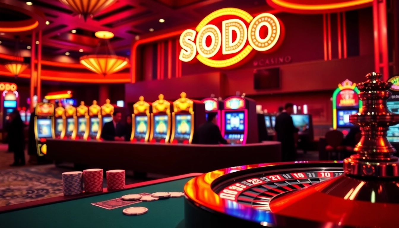 Engaged gamblers enjoying a vibrant SODO casino atmosphere with poker chips and slot machines.