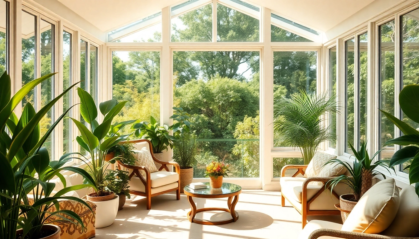 Experience a tranquil sunroom with inviting plants and expansive garden views, creating a serene retreat.