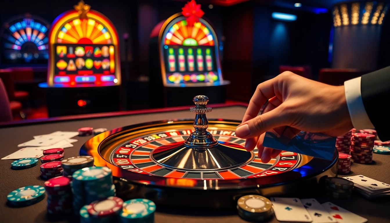 A dynamic gaming scene at hm88.studio featuring roulette, poker chips, and cards, evoking casino excitement.