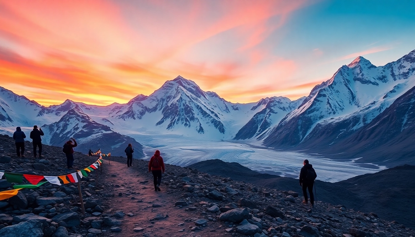 Stunning landscape of the mount Everest base camp trek at sunrise, featuring trekkers and snow-capped peaks.